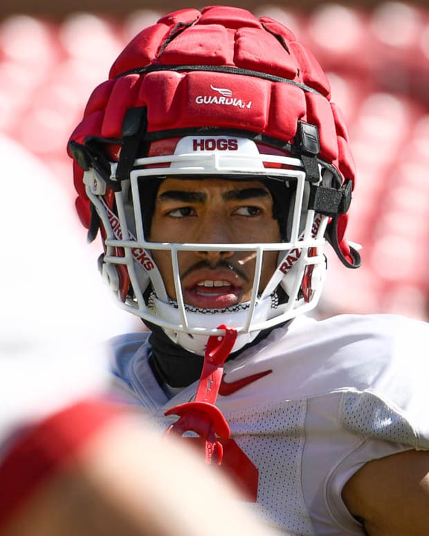Razorbacks wide receiver Isaiah Sategna during Saturday's practice inside Razorback Stadium on Saturday.